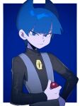  1boy a_(poipiku_325815) black_shirt blue_background blue_eyes blue_hair blunt_bangs border closed_mouth commentary_request hand_on_own_hip holding holding_poke_ball logo long_sleeves looking_at_viewer male_focus poke_ball poke_ball_(basic) pokemon pokemon_(game) pokemon_dppt saturn_(pokemon) shirt short_hair smile solo team_galactic team_galactic_uniform upper_body white_border 