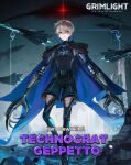  1boy bangs belt black_cape black_shorts blue_cape blue_eyes cape commentary english_commentary english_text geppetto_(grimlight) grey_hair grimlight male_focus mechanical_arms mechanical_legs official_art shorts solo two-sided_cape two-sided_fabric 