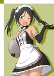  1girl alternate_costume apron bare_shoulders black_gloves blush breasts elbow_gloves enmaided fang francesca_lucchini gloves green_background green_eyes green_hair guchiaki hair_ribbon highres long_hair looking_at_viewer maid maid_apron maid_headdress one_eye_closed open_mouth ribbon simple_background small_breasts smile solo strike_witches twintails waitress world_witches_series 