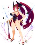  1girl baseball_bat breasts choker cleavage demon_girl demon_horns disgaea disgaea_rpg exploding_watermelon_challenge eyewear_on_head food fruit full_body grin hand_on_own_hip higan_zesshousai high_ponytail highres holding holding_baseball_bat horns huge_breasts long_hair non-web_source official_art pointy_ears red_eyes red_hair sandals smile solo standing strapless strapless_swimsuit sunglasses swimsuit very_long_hair watermelon 