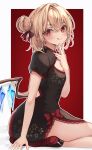  1girl alternate_costume black_dress black_footwear blonde_hair blush center_opening china_dress chinese_clothes closed_mouth crystal dress fingernails flandre_scarlet hair_between_eyes hair_bun highres looking_at_viewer red_eyes shoes short_hair short_sleeves single_side_bun sitting smile solo tongue tongue_out touhou wings yuineko 