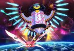  battle commentary_request halberd_(airship) heart highres kirby kirby:_planet_robobot kirby_(series) mechanical_wings no_humans planet robobot_armor robot shooting_star space star_(sky) star_(symbol) star_dream suyasuyabi wings 
