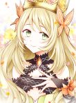  1girl absurdres bare_shoulders blonde_hair bow brooch butterfly_hair_ornament celine_(fire_emblem) closed_mouth crown detached_sleeves fire_emblem fire_emblem_engage flat_chest floral_background flower green_eyes hair_flower hair_ornament hand_on_own_chest highres jewelry long_hair looking_at_viewer orange_bow petals shirokuroma_29 smile solo upper_body very_long_hair wrist_bow 
