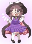  1girl ;d bow brown_hair cloak fedora gloves hat highres one_eye_closed open_mouth purple_background purple_skirt rokugou_daisuke shirt skirt smile socks touhou twintails usami_sumireko 