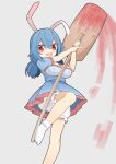  1girl :d ambiguous_red_liquid animal_ears bloomers blue_dress blue_hair breasts cleavage commentary_request dress earclip grey_background hekkmushi highres kine large_breasts looking_at_viewer low_twintails mallet medium_hair open_mouth rabbit_ears rabbit_girl red_eyes seiran_(touhou) short_sleeves simple_background smile socks solo standing standing_on_one_leg touhou twintails underwear white_socks 