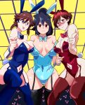  3girls animal_ears bare_shoulders black_eyes black_hair black_thighhighs blue_bow blue_bowtie blue_eyes blue_leotard blue_thighhighs blush borrowed_character bow bowtie breasts breasts_apart brown_eyes brown_hair character_request cleavage clothing_cutout covered_navel deanialsart detached_collar earrings fake_animal_ears fake_tail freckles highres jewelry leotard long_hair lucia_(scott_malin) medium_hair multiple_girls navel_cutout original photoshop_(medium) playboy_bunny pointing ponytail rabbit_ears rabbit_tail red_bow red_bowtie red_hair red_leotard red_thighhighs short_hair strapless strapless_leotard tail thighhighs tongue tongue_out wrist_cuffs 