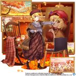  1girl aki_minoriko aki_shizuha aki_shizuha_(melancholy_autumn-leaf_artist_in_winter) alternate_costume autumn_leaves beret brown_headwear brown_skirt chair commentary copyright_name english_commentary full_body game_cg grey_vest hat holding holding_paintbrush indoors jewelry long_skirt looking_at_viewer paintbrush painting_(object) pendant plaid plaid_skirt rotte_(1109) skirt solo standing sweater_vest third-party_source touhou touhou_lost_word vest 