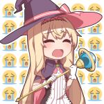  1girl artist_request blonde_hair blush brooch cape closed_eyes crying crying_emoji dress emoji gloves hairband hat highres holding holding_staff jewelry little_witch_nobeta long_hair nobeta official_art open_mouth puddle solo staff streaming_tears tearing_up tears upper_body white_gloves witch_hat 