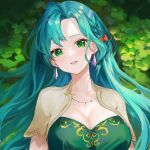  1girl aqua_hair braid breasts chloe_(fire_emblem) cleavage commentary_request dress earrings fire_emblem fire_emblem_engage green_dress green_eyes head_tilt highres jewelry jurge large_breasts long_hair looking_at_viewer open_mouth short_sleeves solo upper_body very_long_hair 