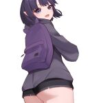  1girl ass backpack bag black_shorts cowboy_shot fang from_behind hololive hololive_english hood hoodie looking_at_viewer mole mole_under_eye ninomae_ina&#039;nis open_mouth pointy_ears purple_bag purple_eyes purple_hair short_hair short_shorts shorts simple_background skaarl_(artist) smile solo virtual_youtuber white_background 
