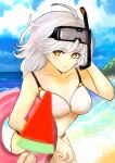  absurdres beach bikini blush breasts closed_mouth goddess_of_victory:_nikke highres holding holding_innertube innertube kokorozashi_muro_koutarou long_hair medium_breasts ocean outdoors pink_innertube sky snorkel snow_white_(nikke) summer swimsuit white_bikini white_hair yellow_eyes 