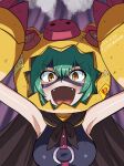  1girl absurdres alternate_color animal_costume armpits arms_up bare_shoulders black_cape black_one-piece_swimsuit breasts button_eyes cape cho-hakkaimon commentary_request digimon digimon_(creature) fangs green_hair hair_between_eyes highres kouma_bonmaid looking_at_viewer mask medium_breasts o-ring one-piece_swimsuit open_mouth orange_eyes partial_commentary pig_costume short_hair sidelocks signature solo steam swimsuit twitter_username upper_body yellow_armor 