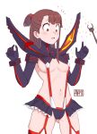  1girl ass_visible_through_thighs breasts brown_hair cameltoe company_connection cosplay hanamuko kagari_atsuko kill_la_kill light_blush little_witch_academia living_clothes matoi_ryuuko matoi_ryuuko_(cosplay) medium_breasts medium_hair navel red_eyes revealing_clothes short_ponytail solo suspenders wand 