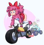  1boy 1girl :o absurdres all-terrain_vehicle artist_name bent_over biker_rosalina birdo blonde_hair blue_gloves blue_scarf bodysuit bow crossdressing crown diamond_ring dinosaur_tail driving elbow_gloves eyeshadow flame_print gloves hair_bow hair_over_one_eye highres humanization jumpsuit korean_commentary long_hair looking_at_ass makeup mario_(series) mario_kart mario_kart_8 medium_hair miniskirt minuspal mole mole_under_eye motor_vehicle motorcycle over-kneehighs panties paw_shoes pink_hair pink_sweater pink_tail print_sweater purple_eyes purple_eyeshadow racing_suit red_bow red_skirt riding rosalina scarf skirt standard_atv_(mario) surprised sweater tail thighhighs thinking underwear white_jumpsuit white_panties wide-eyed 