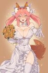  1girl animal_ear_fluff animal_ears bouquet breasts brown_fur cleavage dress elbow_gloves fangs fate_(series) flower fox_ears fox_girl fox_tail galadysp gloves hair_between_eyes highres holding holding_bouquet large_breasts long_hair open_mouth pink_hair reaching reaching_towards_viewer rose smile solo tail tamamo_(fate) tamamo_no_mae_(fate/extra) teeth thighhighs twintails upper_teeth_only wedding_dress white_dress white_thighhighs yellow_eyes yellow_flower yellow_rose 