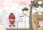  1boy 2girls admiral_(kancolle) ayanami_(kancolle) blush brown_eyes brown_hair convention hair_ribbon hat headgear kantai_collection kujira_naoto long_hair mask military military_hat military_uniform mouth_mask multiple_girls naval_uniform open_mouth peaked_cap ponytail ribbon school_uniform serafuku shikinami_(kancolle) side_ponytail sunglasses surgical_mask translated uniform 