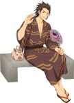  1boy alvin_(tales) brown_eyes brown_hair brown_kimono english_commentary feet fingernails full_body hand_fan highres holding holding_fan japanese_clothes kimono looking_at_viewer male_focus official_art one_eye_closed sandals sitting sweatdrop tales_of_(series) tales_of_asteria tales_of_xillia toenails toes transparent_background waving wide_sleeves 