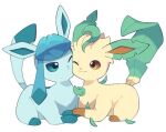  :t ;) animal_focus closed_mouth commentary_request eye_contact glaceon leafeon looking_at_another lying no_humans one_eye_closed pokemon pokemon_(creature) simple_background smile teru_(245_neko) white_background 