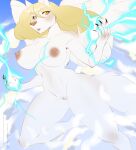  2023 5_fingers angel anthro areola artist_name big_breasts blonde_hair bluevelo breasts canid canine feathered_wings feathers female fingers fur genitals hair hi_res long_hair looking_at_viewer mammal navel nipples nude pussy solo text url white_body white_fur wings yellow_eyes 