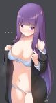  ... 1girl absurdres black_background blue_bra blue_panties blunt_bangs blush bra breasts closed_mouth collarbone commentary_request fern_(sousou_no_frieren) highres long_hair looking_at_viewer medium_breasts navel panties purple_eyes purple_hair signature simple_background solo sousou_no_frieren standing thighs underwear xlyami 