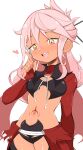 1girl blush chloe_von_einzbern commentary dark-skinned_female dark_skin english_commentary fate/kaleid_liner_prisma_illya fate_(series) hair_ornament hair_stick heart highres index_finger_raised jellcaps long_hair long_sleeves navel open_mouth pink_hair simple_background smile solo stomach_tattoo tattoo teeth upper_teeth_only white_background yellow_eyes 