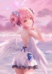  1girl :o angel_wings back bare_arms black_scrunchie blue_archive blue_bow blush bow cloud cloudy_sky commentary cross double_bun dress_swimsuit feathered_wings flower frilled_ribbon frills hair_bun hair_flower hair_intakes hair_ornament hair_ribbon hair_scrunchie halo hand_in_own_hair highres looking_at_viewer looking_back low_wings mika_(blue_archive) one-piece_swimsuit open_mouth outdoors pink_hair pink_halo pink_sky purple_flower ribbon scrunchie sky solo star_(sky) starry_sky starry_sky_print swimsuit thighs water weri white_one-piece_swimsuit white_ribbon white_wings wing_ornament wings yellow_eyes 
