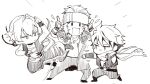  3boys banchi chibi enjoji_michiru fighting_stance fingerless_gloves flying_kick food gloves headband idolmaster idolmaster_side-m kicking kizaki_ren long_hair male_focus monochrome multiple_boys navel noodles ponytail punching ramen sarashi scarf strainer taiga_takeru the_kogado_(idolmaster) vest 