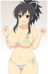  1girl absurdres arms_up asuka_(senran_kagura) bikini blush breasts brown_eyes brown_hair cleavage collarbone cowboy_shot fingernails front-tie_bikini_top front-tie_top gradient_background grey_background groin hair_ribbon highres ichiryuu_tsumiki large_breasts looking_at_viewer micro_bikini multicolored_bikini multicolored_clothes multicolored_stripes navel open_mouth ponytail rainbow_bikini ribbon senran_kagura senran_kagura_shoujo-tachi_no_shin&#039;ei shiny_skin short_hair short_ponytail side-tie_bikini_bottom skindentation smile solo standing striped striped_bikini swimsuit teeth tongue underboob upper_teeth_only white_background white_ribbon wide_hips 