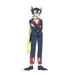  1boy 99akt1031 absurdres aqua_eyes black_footwear black_hair black_jacket black_pants buttons closed_mouth commentary_request crossed_arms full_body grimsley_(pokemon) hair_between_eyes highres jacket long_sleeves looking_at_viewer male_focus pants pointy_hair pokemon pokemon_(game) pokemon_bw scarf shirt shoes simple_background solo standing white_background white_shirt yellow_scarf 