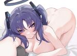  1girl absurdres ass blue_archive blush breast_press breasts chinoryuu cleavage completely_nude halo highres large_breasts looking_at_viewer median_furrow nude purple_eyes purple_hair selfie smile solo top-down_bottom-up two_side_up yuuka_(blue_archive) 