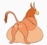  2020 after_vore avian beak belly big_belly butt eyes_closed feral fur grin gryphon hi_res male mythological_avian mythology orange_body orange_fur raised_tail smile solo tail tan_body tan_fur thatgryphonguy vore wingless_gryphon 