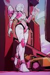  1girl arcee autobot backpack bag blue_eyes curvy full_body humanoid_robot makoto_ono mechanical_parts robot solo thighs transformers 