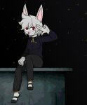  anthro bastardcat3 bow_tie building clothing dress_pants dress_shirt female footwear fur hi_res kosmos_(bastardcat3) lagomorph leporid mammal rabbit red_eyes shirt shoes solo topwear white_body white_fur 