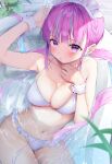  1girl :o bikini blue_hair blurry blush braid breasts cleavage collarbone depth_of_field frilled_bikini frills gyoku_seisyoku halterneck highres hololive looking_at_viewer maid_headdress medium_breasts minato_aqua multicolored_hair navel partially_submerged pink_hair purple_eyes solo streaked_hair string_bikini swimsuit twintails virtual_youtuber white_bikini wrist_cuffs 