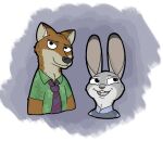  anothercolouranon anthro canid canine clothing disney duo ears_up female fox fur green_clothing grey_background grey_body grey_fur judy_hopps lagomorph leporid male mammal necktie nick_wilde rabbit red_body red_fur simple_background zootopia 