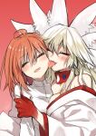  2girls ahoge animal_ears blonde_hair breasts cleavage closed_eyes fate/grand_order fate_(series) fox_ears fox_girl fujimaru_ritsuka_(female) hug japanese_clothes kimono koyanskaya_(fate) koyanskaya_(lostbelt_beast:iv)_(fate) large_breasts licking long_hair multiple_girls open_mouth orange_hair rkp short_hair tamamo_(fate) tongue tongue_out yuri 