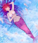 1girl :d absurdres bra breasts closed_eyes fish from_above highres hololive horns irys_(hololive) long_hair lying ma_draws mermaid monster_girl navel open_mouth partially_submerged pointy_ears red_hair smile underwear virtual_youtuber water white_bra 