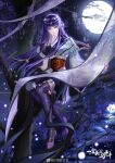  1girl absurdres asymmetrical_sleeves backlighting blue_eyes full_body hair_ornament hairpin hanging_scroll highres holding holding_scroll long_hair moon night purple_footwear purple_hair purple_thighhighs qin_shi_ming_yue scroll second-party_source shao_siming_(qin_shi_ming_yue) single_hair_ring solo streamers thighhighs veil yu_tong_(weibo) 