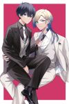  2boys black_footwear black_hair black_jacket black_necktie black_pants black_shirt black_socks blazer blonde_hair blue_eyes blue_hair blue_lock border breast_pocket buttons closed_mouth collared_shirt commentary_request eyeshadow flower_tattoo gradient_hair grey_vest hand_in_pocket highres isagi_yoichi jacket jewelry lapels long_hair long_sleeves looking_at_viewer makeup male_focus michael_kaiser moco_(1553561764583079936) multicolored_hair multiple_boys neck_tattoo necktie necktie_grab neckwear_grab notched_lapels open_clothes open_jacket outside_border pants pocket red_eyeshadow ring shirt short_hair sitting socks tattoo vest white_border white_necktie white_shirt yaoi 