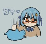  1girl 1other blue_bow blue_bowtie blue_hair bow bowtie brown_cardigan burger_hair_ornament cardigan food-themed_hair_ornament grey_background hair_ornament hair_ribbon hamburger-chan_(hundredburger) hundredburger original punching rectangular_eyewear red-framed_eyewear red_eyes ribbon semi-rimless_eyewear short_hair simple_background twitter twitter_bird under-rim_eyewear upper_body 