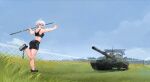  1girl ahoge ass bike_shorts black_shorts black_sports_bra blue_sky breasts cloud commentary commission english_commentary fence full_body grass heart heart_ahoge highres holding holding_polearm holding_weapon javelin_(spear) medium_breasts military military_vehicle motor_vehicle muscular muscular_female open_mouth original polearm red_eyes short_hair shorts sky smile solo sports_bra standing standing_on_one_leg tank usergore weapon white_hair 