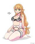  1girl absurdres blonde_hair blush bra breasts cleavage commission english_text fire_emblem fire_emblem_heroes garter_belt garter_straps green_eyes highres jarckius lap_pillow_invitation lingerie looking_at_viewer medium_breasts no_shoes open_mouth panties sharena_(fire_emblem) solo thighhighs underwear white_bra white_panties white_thighhighs 