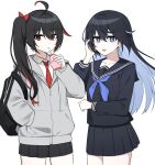  2girls ahoge alternate_costume black_hair black_serafuku black_skirt blue_eyes blue_hair blue_neckerchief bottle bright_pupils collared_shirt colored_inner_hair drinking_straw grey_jacket hand_in_pocket highres holding holding_bottle honkai_(series) honkai_impact_3rd hood hooded_jacket jacket lix_(iroiro3843) long_hair long_sleeves looking_at_viewer multicolored_hair multiple_girls neckerchief necktie open_mouth pleated_skirt red_eyes red_hair red_necktie school_uniform seele_(alter_ego) seele_vollerei seele_vollerei_(herrscher_of_rebirth) serafuku shirt side_ponytail simple_background skirt streaked_hair two-tone_hair white_background white_pupils white_shirt 