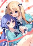  2girls :d :o blonde_hair blue_bow blue_eyes blue_hair blue_shirt blush bow commentary_request flower hair_between_eyes hair_bow holding_hands interlocked_fingers kurone_(suimya) long_hair long_sleeves looking_at_viewer low_twintails multiple_girls open_mouth original pleated_skirt purple_eyes sailor_collar school_uniform serafuku shirahana_(suimya) shirt skirt smile socks suimya twintails very_long_hair white_bow white_sailor_collar white_skirt 