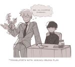  2boys arm_support blunt_bangs bowl_cut closed_eyes closed_mouth commentary english_commentary english_text formal gakuran greyscale hand_up highres jar just_as_planned_(meme) kageyama_shigeo long_sleeves male_focus meme mob_psycho_100 monochrome mp100days multiple_boys necktie pants reigen_arataka school_uniform short_hair simple_background sitting smile standing suit table thought_bubble tip_jar white_background 