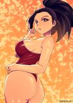  1girl absurdres alternate_breast_size artist_name ass bare_arms bare_shoulders black_hair boku_no_hero_academia breasts cowboy_shot eyelashes forehead from_behind heart heart-shaped_pupils high_ponytail highres large_breasts looking_at_viewer looking_back one-piece_swimsuit one-piece_thong parted_lips satelyte shiny_skin sideboob simple_background solo swimsuit symbol-shaped_pupils thighs thong v-shaped_eyebrows yaoyorozu_momo 