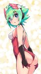  1girl ass ass_grab azure_striker_gunvolt black_gloves blue_eyes blush breasts commentary cougar_(cougar1404) cowboy_shot from_side gloves grabbing_own_ass green_hair headgear leotard looking_at_viewer looking_back medium_breasts parted_lips red_headwear red_leotard roro_(gunvolt) short_hair solo standing 