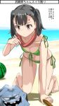  1girl barefoot bikini black_hair brown_eyes dragon_quest dragon_quest_iii fighter_(dq3) food fruit full_body imaichi monster rockbomb scarf short_hair short_twintails side-tie_bikini_bottom solo swimsuit twintails watermelon 