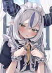  1girl absurdres black_horns braid braided_bangs frills grey_hair highres hololive horns la+_darknesss long_hair maid maid_headdress multicolored_hair mutsumi326 necktie pointy_ears purple_hair streaked_hair striped_horns virtual_youtuber yellow_eyes yellow_necktie 