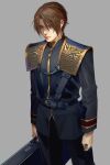  1boy arms_at_sides black_jacket black_pants briefcase brown_hair cowboy_shot final_fantasy final_fantasy_viii gold_trim grey_background highres holding holding_briefcase jacket looking_at_viewer male_focus military military_uniform nini_tw99 pants parted_bangs scar scar_on_face scar_on_forehead seed_uniform_(ff8) short_hair solo squall_leonhart standing uniform 